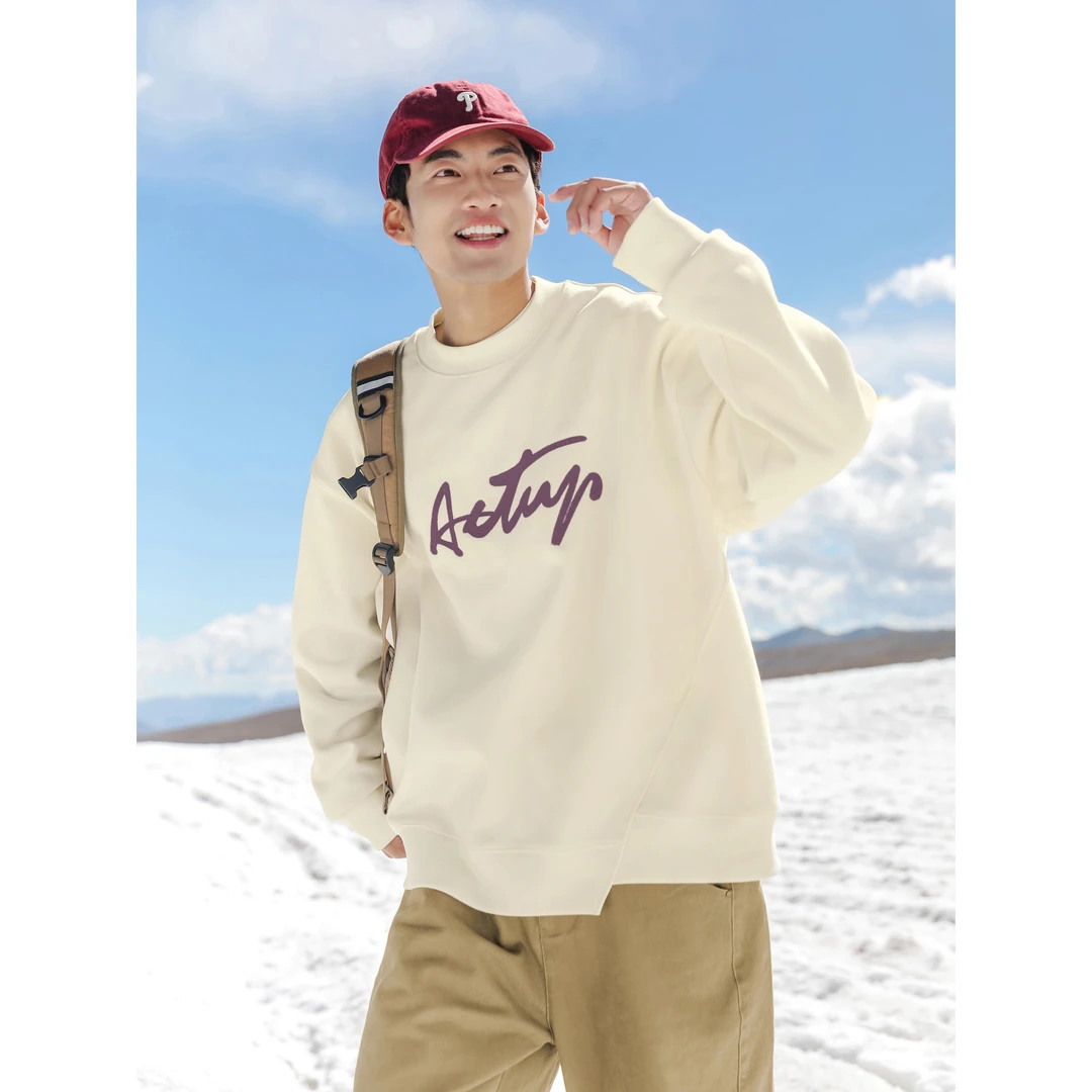 ACTUP原创印花设计圆领卫衣男士秋冬重磅加绒保暖假两件套头上衣