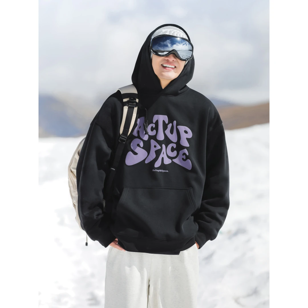 ACTUP420g重磅发泡印花连帽卫衣男加绒加厚冬季学院风宽松上衣潮