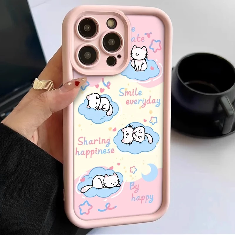 粉色happy小白猫iphone14promax手机壳苹果15手机壳可爱11高级感x
