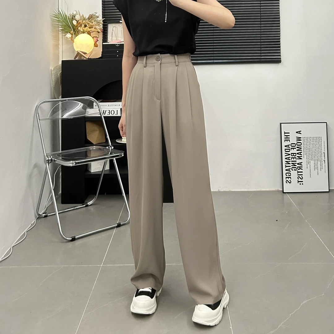 休闲窄版阔腿西裤女2023年夏秋新款半松紧高腰纯色宽松显瘦直筒裤