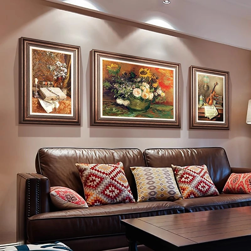 美式装饰画客厅沙发背景墙挂画复古卧室轻奢壁画欧式花卉油画梵高