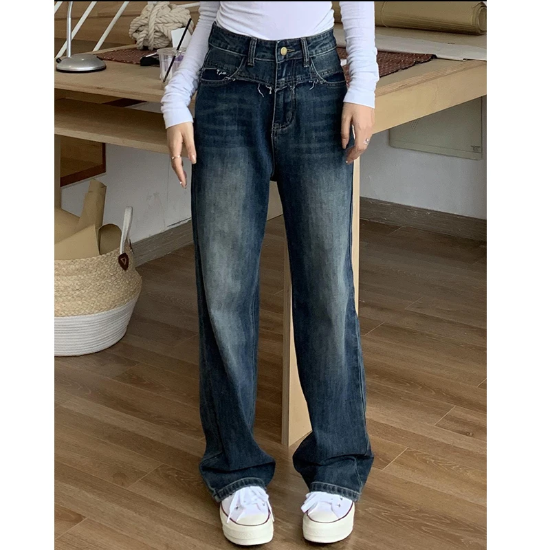 橘子树在哪儿深蓝色设计感直筒牛仔裤女春季高腰窄版阔腿拖地裤潮