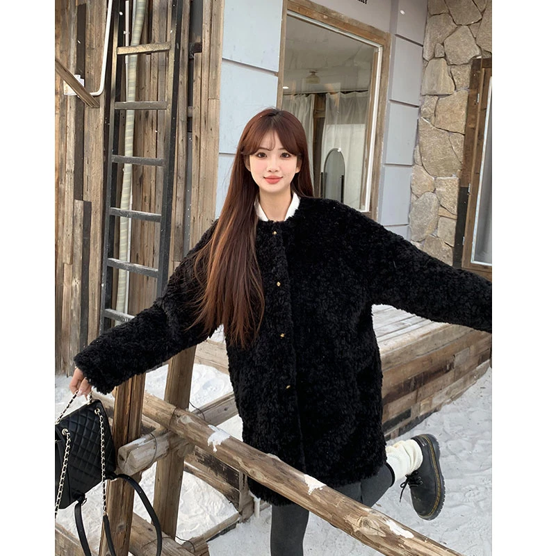 橘子树在哪儿韩系黑色毛茸茸外套女冬季款高级感富家千金显瘦上衣