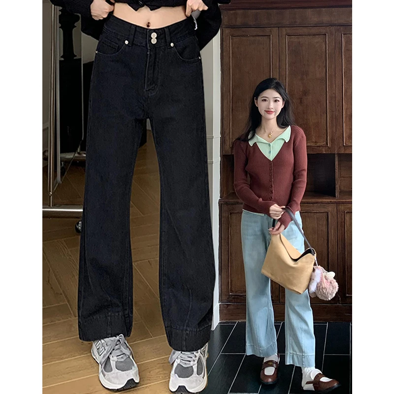 橘子树在哪儿复古双扣直筒牛仔裤女春秋宽松显瘦百搭阔腿九分裤子