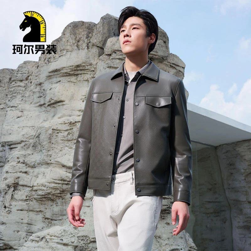 珂尔高定海报款三防蛋白皮皮衣浮雕压花夹克翻领时尚夹克QJP63142