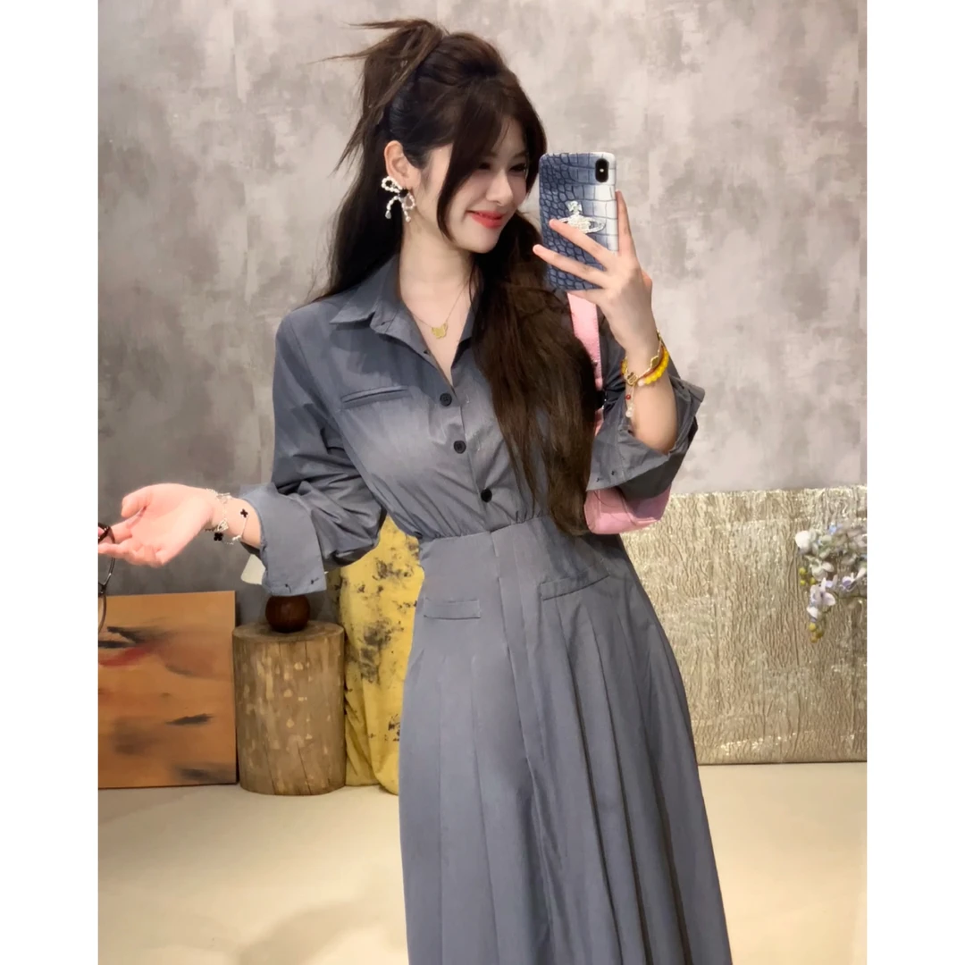 【秀智同款】设计感掐腰显瘦翻领百褶连衣长裙女