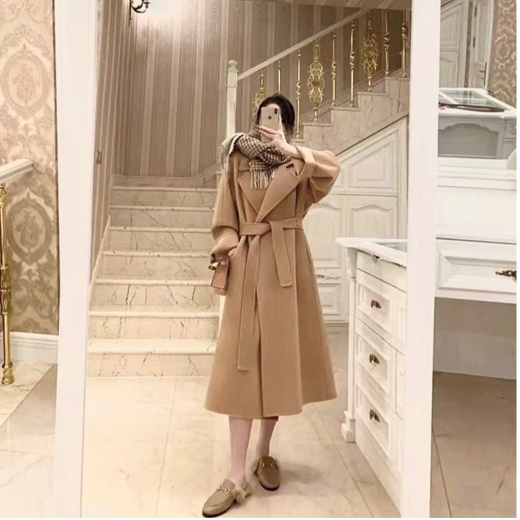 红色双面中长款女大衣秋冬新款宽松高级感毛呢外套气质