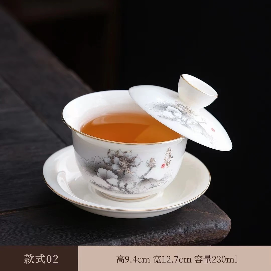 悬停大盖碗羊脂玉三才德化简约办公茶杯家用功夫茶具高档茶碗客厅