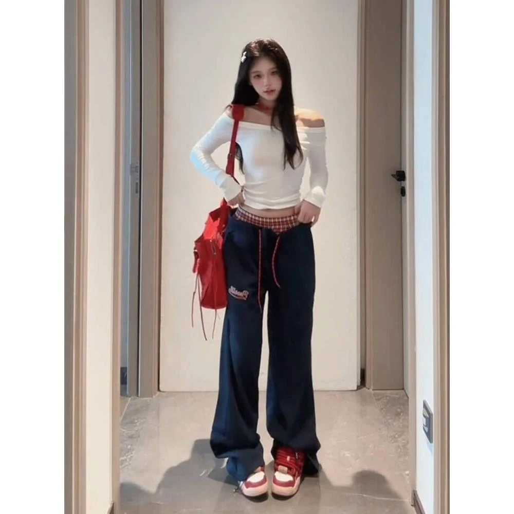 女美式直筒双腰头休闲宽松拼接卫裤裤子运动阔腿2024学院风春秋