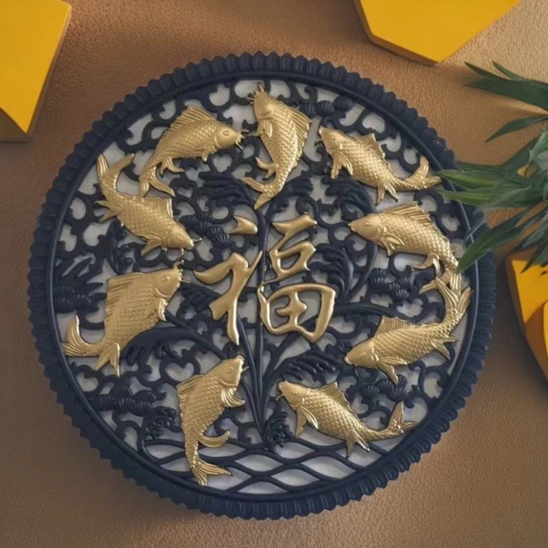 直径80cm九鱼聚福字迎门墙树脂影壁墙面仿古浮雕圆形装饰