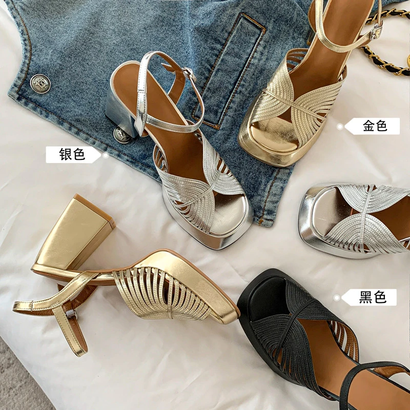 工厂直供/真皮法式气质名媛高跟凉鞋女粗跟大码41-43一字带仙女风