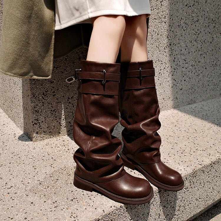 甜酷皮带扣不过膝高筒靴女粗跟显瘦裤管靴复古棕色长靴西部牛仔靴