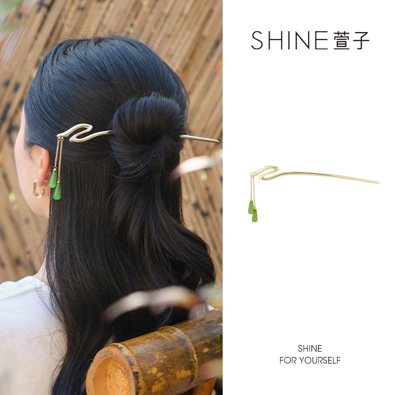 萱子SHINE东方雅韵【品牌直营】系列简绿金撞色流苏小众新中式发簪