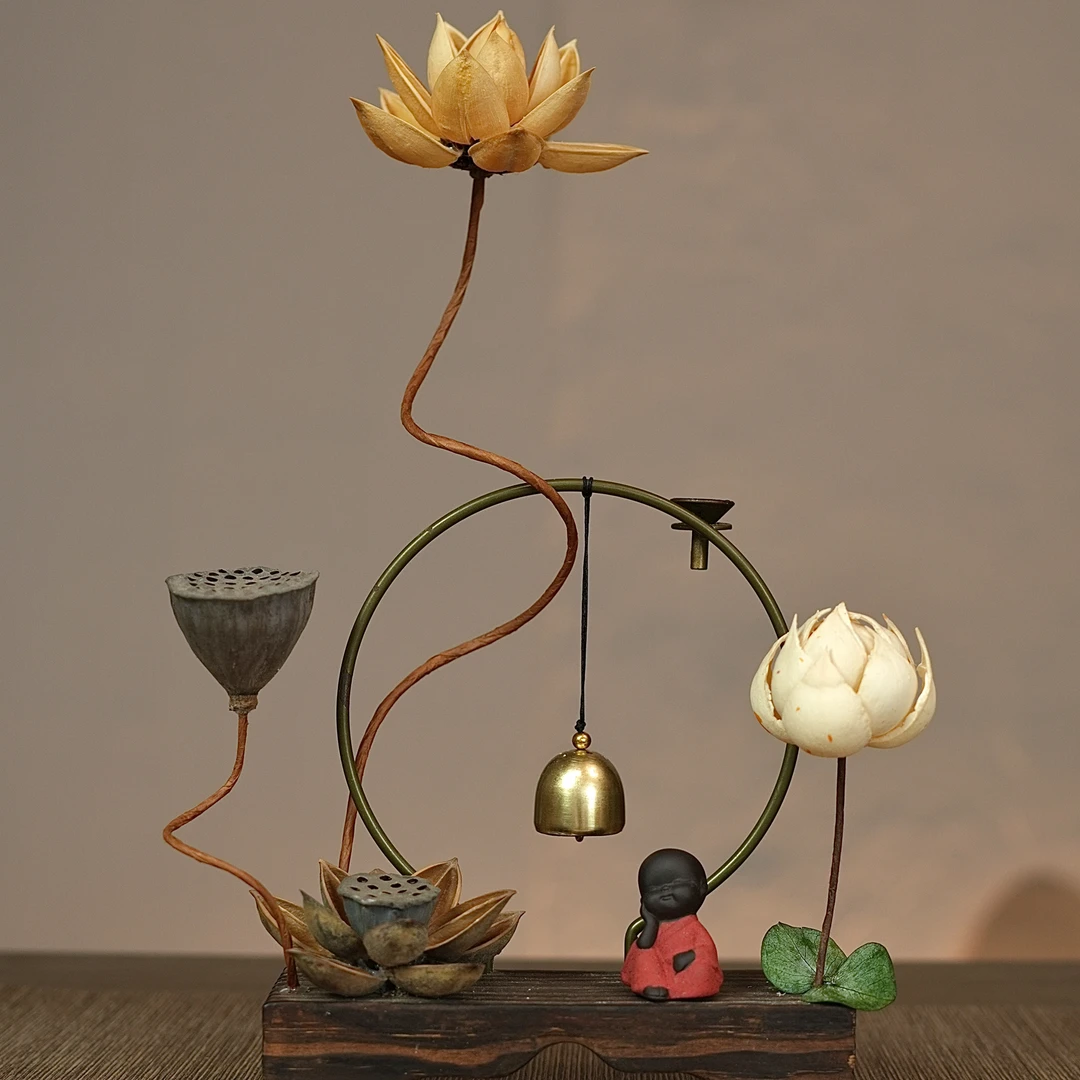 【且听风吟 】茶室摆件博古架摆件干花工艺品玄关书桌装饰茶道和尚