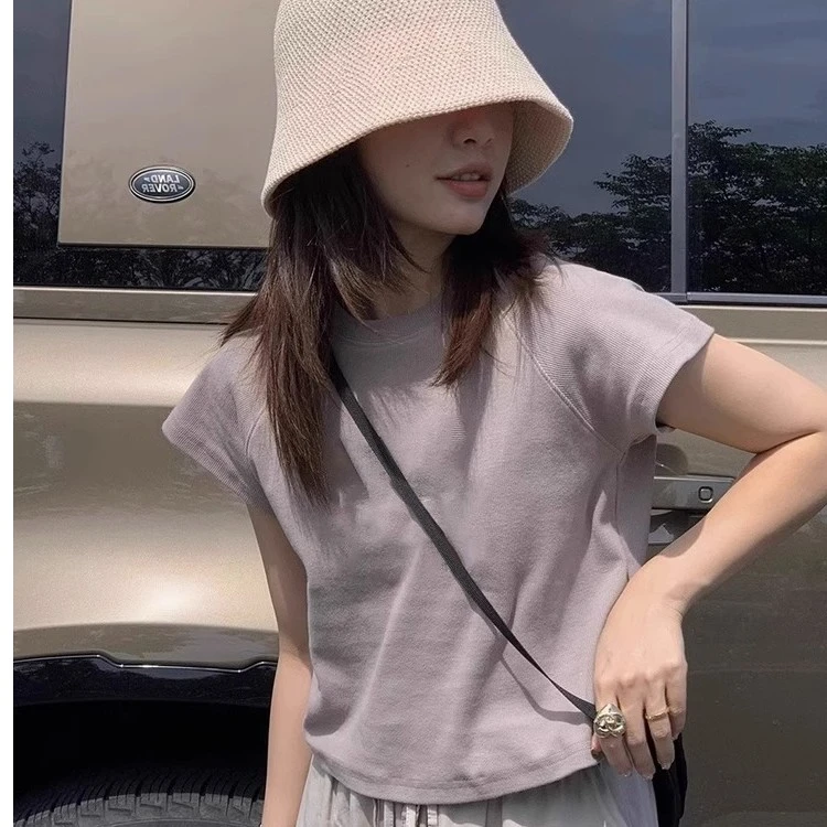 美式小飞袖正肩短袖t恤女2023夏季新款辣妹修身女士高档短款上衣