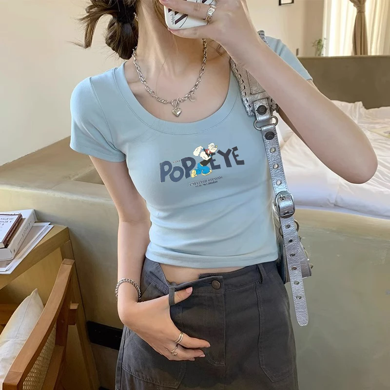 韩系正肩短袖t恤女夏季纯欲设计感小众修身体恤别致辣妹短款上衣