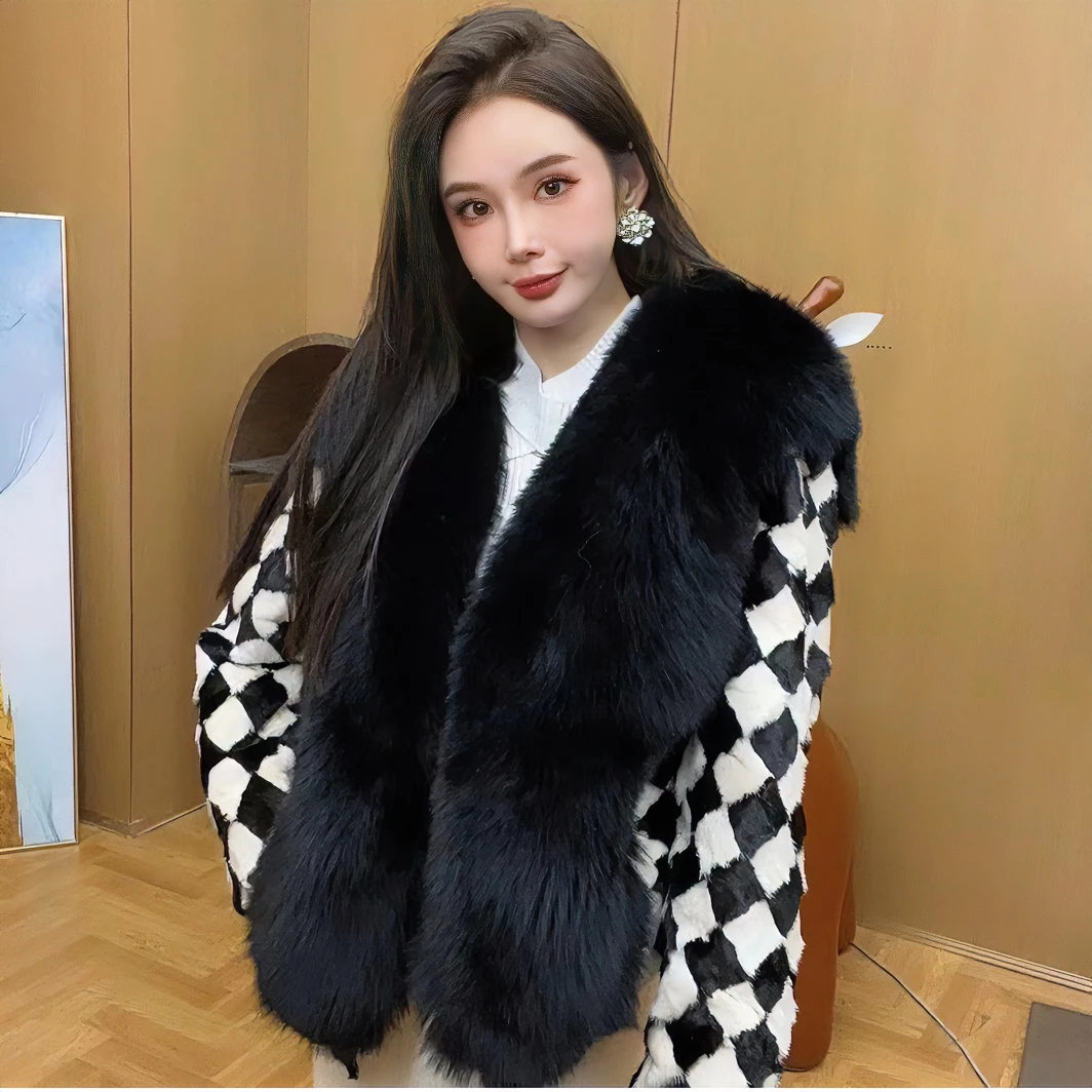 棋盘格狐狸毛拼水貂女式皮#WWDH28277