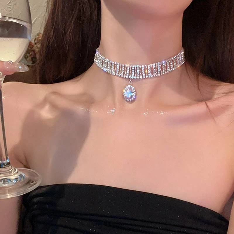 镶钻锆石几何水滴项链欧美冷淡风吊坠颈链高级感超闪礼服choker女