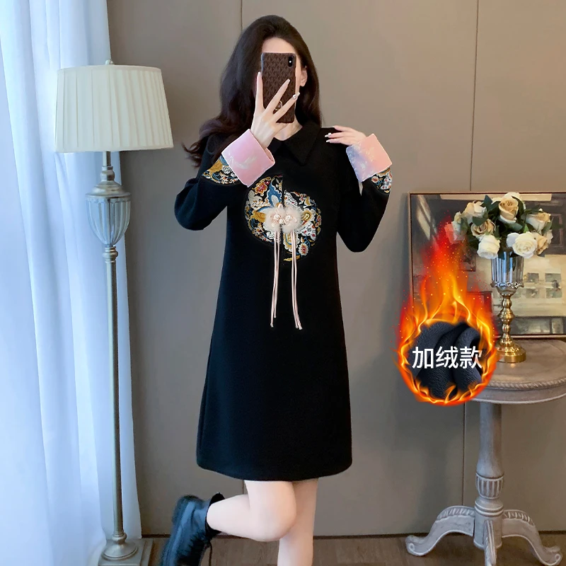 中式国风黑色改良连衣裙女秋冬高级感气质女神范加绒绣花显瘦裙子