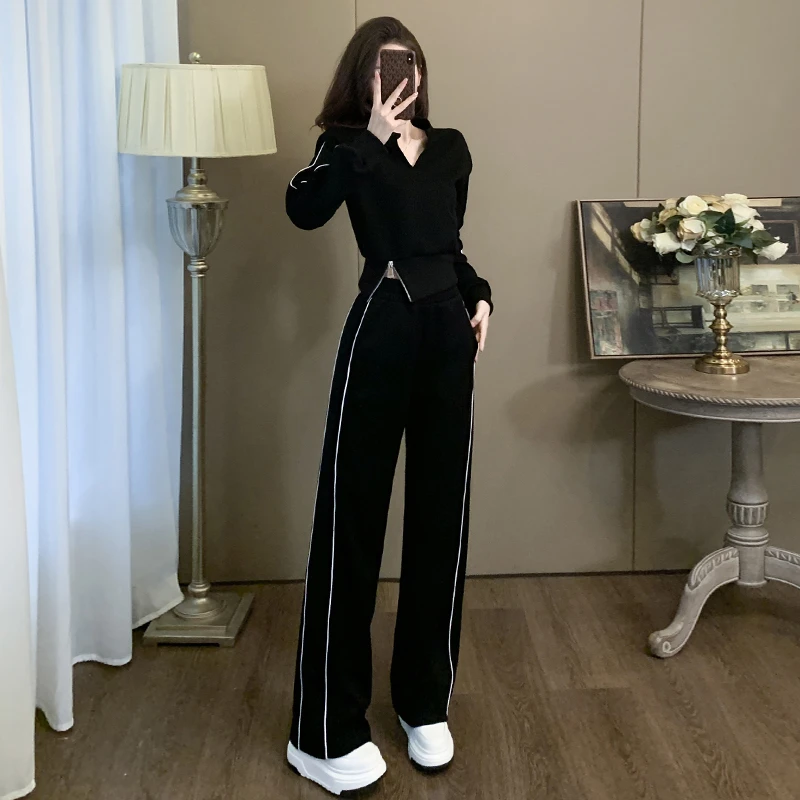 卫衣女套装秋冬季新款纯色洋气时髦高腰长袖休闲黑色宽松版两件套