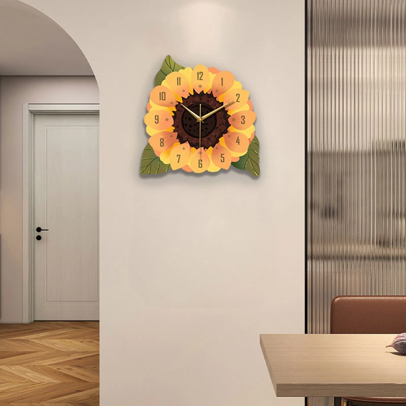 简约向日葵钟表画餐厅装饰画创意个性静音时钟客厅家用时尚挂钟画
