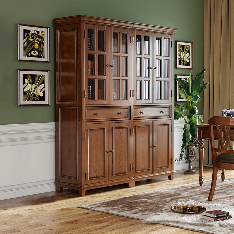 客拉客美式中式实木书柜简约书房组合大书橱落地书架柜玻璃柜客厅