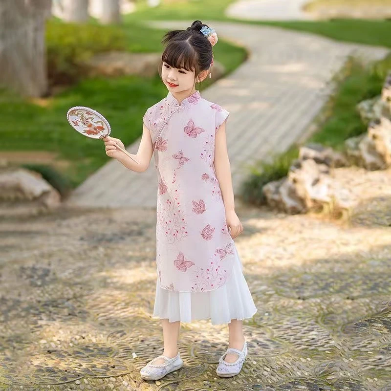 女童新款公主裙新中式中大童连衣裙复古风时尚蝴蝶碎花珍珠旗袍裙