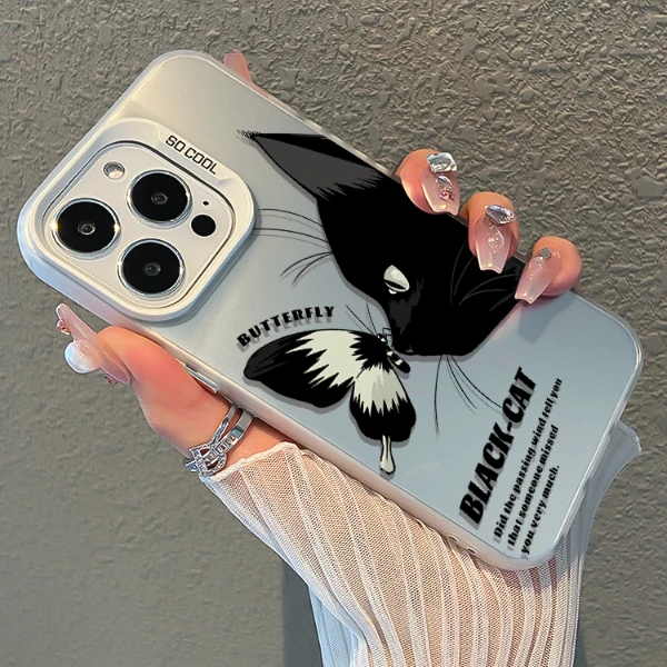 黑猫蝴蝶适用苹果15promax手机壳新款iphone14pro保护套情侣13pm