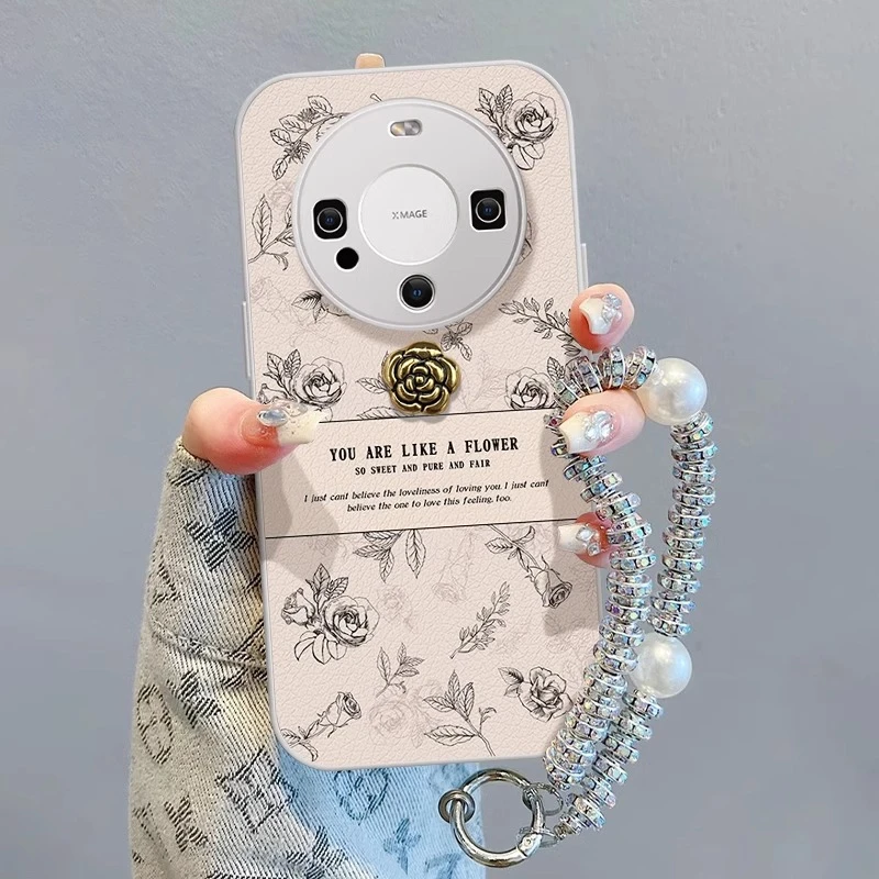 适用华为mate60pro手机壳皮纹玫瑰花mate50立体山茶花pura70防摔