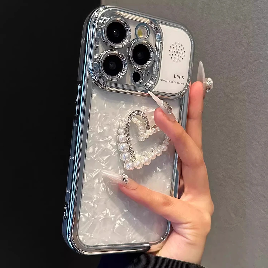 珍珠爱心钻石纹大视窗适用苹果15promax手机壳新款iphone14pro镜