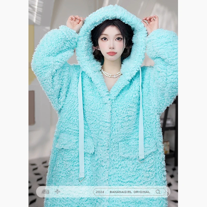 Bananagirl【奶油vs海盐起司】提夫尼蓝色家居服连帽加绒加厚睡袍