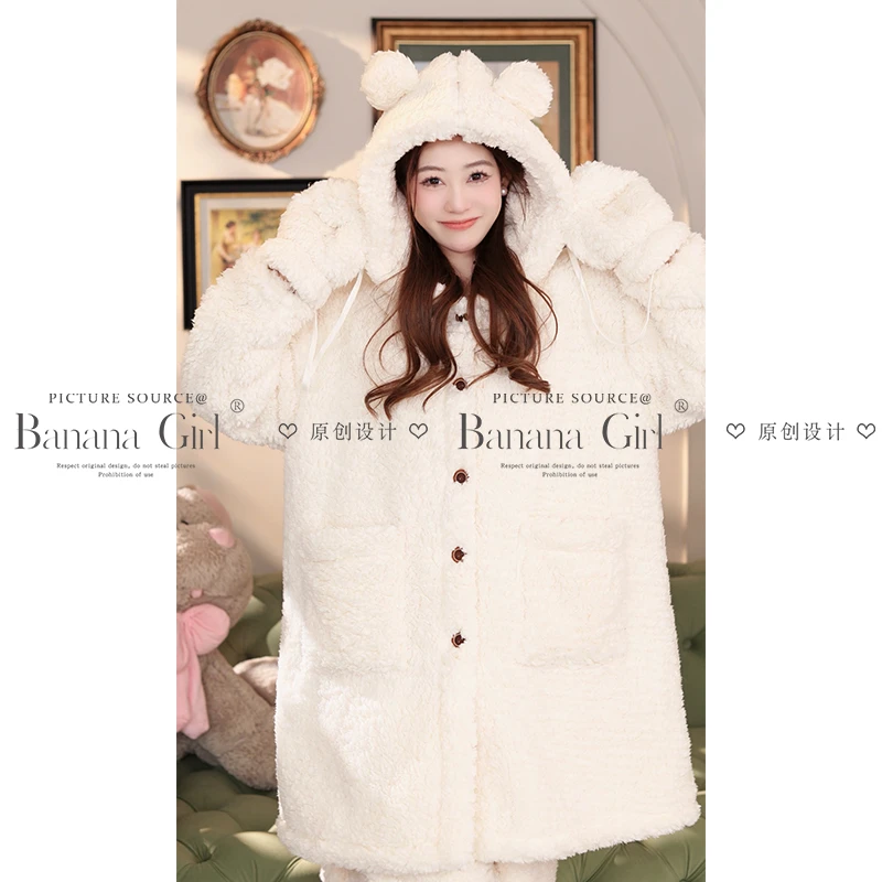 Bananagirl【小白熊熊】睡衣女秋冬睡袍可外穿家居服加厚循环蓄温