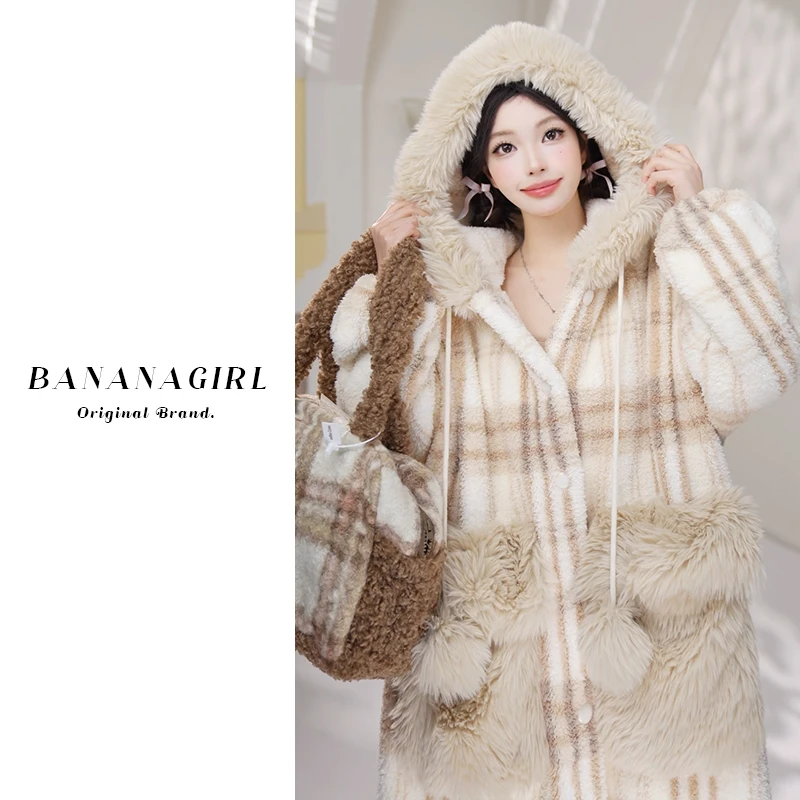 Bananagirl睡衣女秋冬中长款连帽格子睡袍循环蓄温加厚家居可外穿