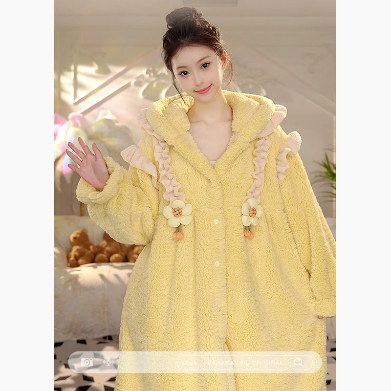 Bananagirl【太阳花】睡衣女秋冬可外穿连帽睡袍家居服保暖可外穿