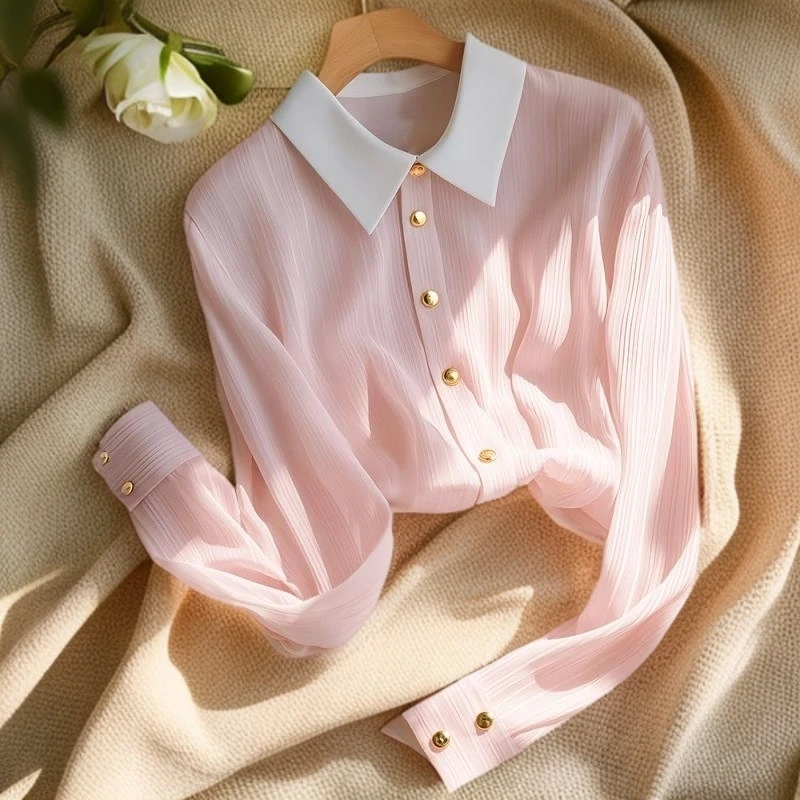 春秋时尚粉色长袖衬衫女韩式早秋新款洋气高端别致雪纺长袖上衣