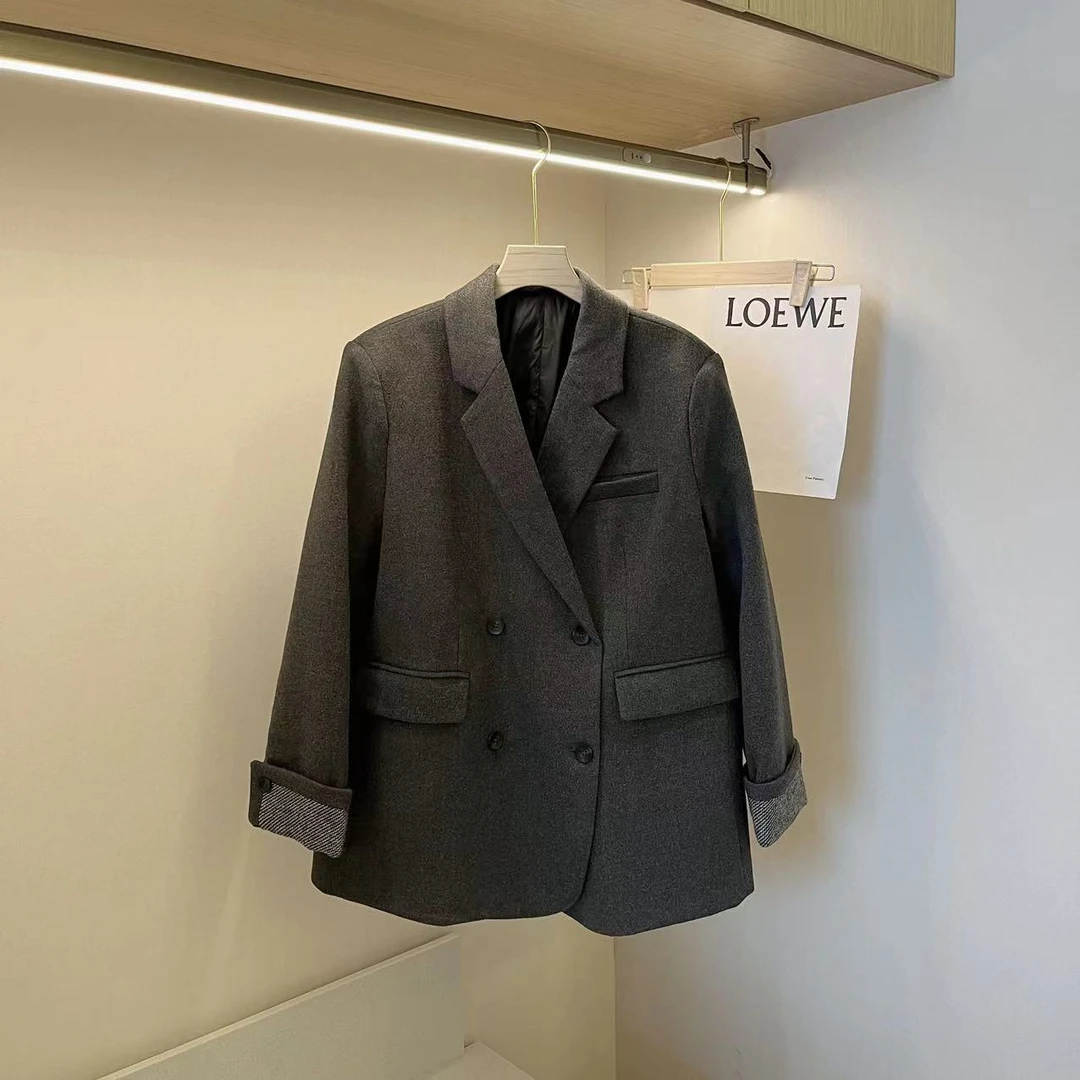 YUE 18651 冬季韩版宽松气质羽绒服西装外套灰色经典简约