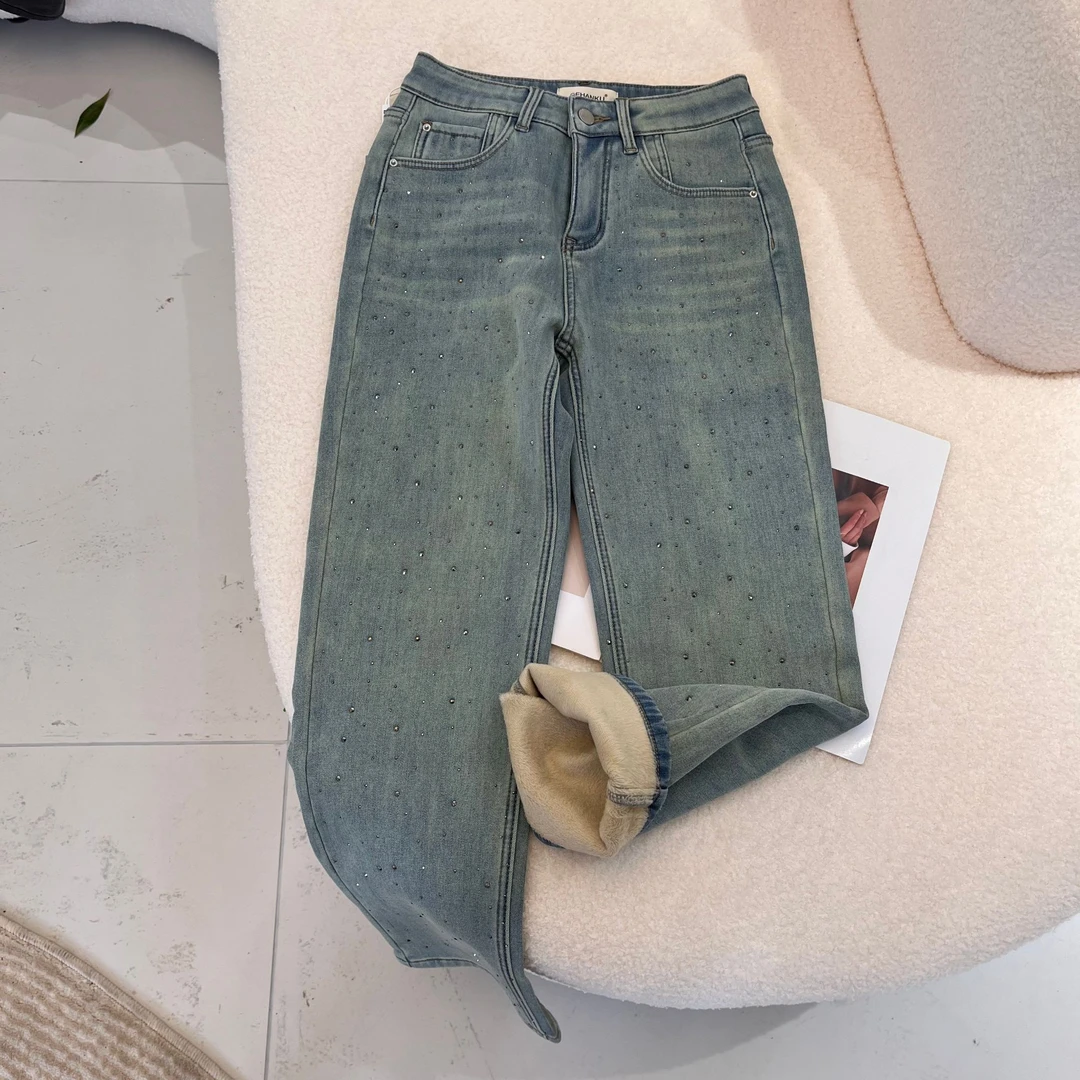 YUE【爆闪】G8019 钻钻加厚韩版重工珠珠显瘦九分烟管牛仔裤