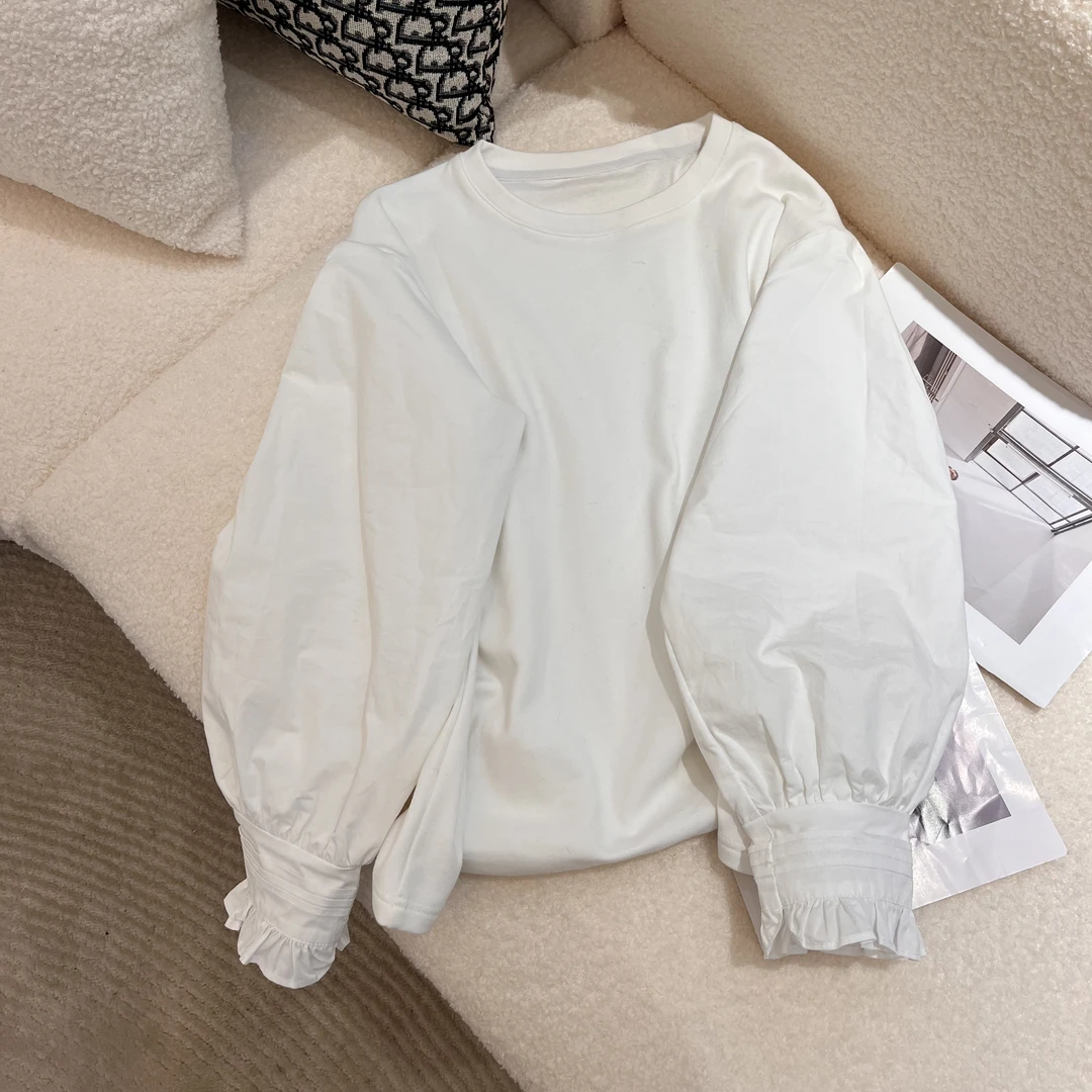 YUE 9521 圆领拼接衬衣泡泡袖百搭时尚内搭女T恤