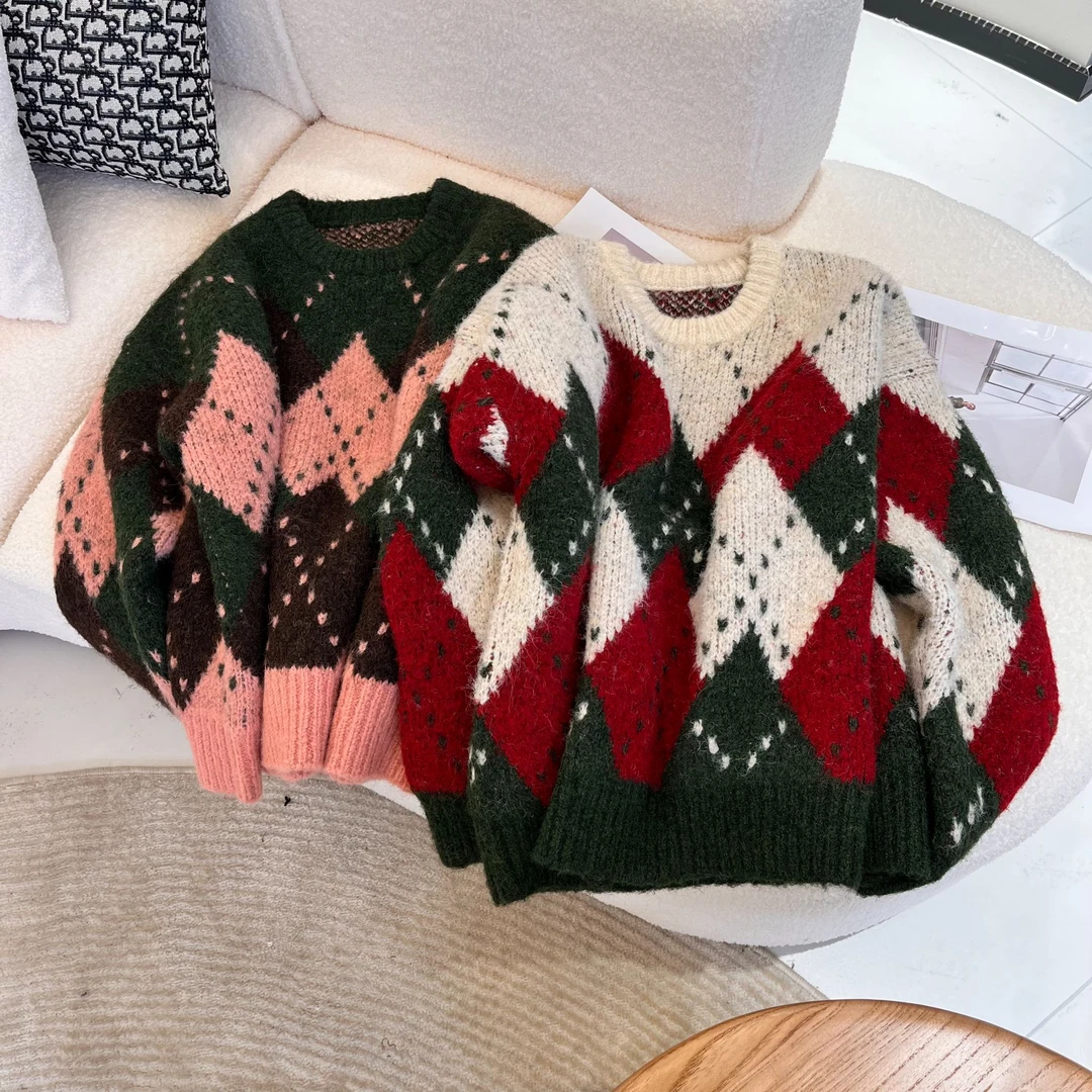 YUE 1468 圆领拼色菱形格百搭韩系外穿毛衣