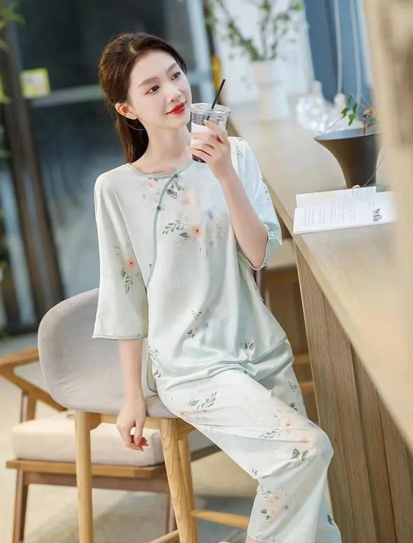 新中式国风套头睡衣女暗纹提花春夏季薄款家居服套装五分袖设计感
