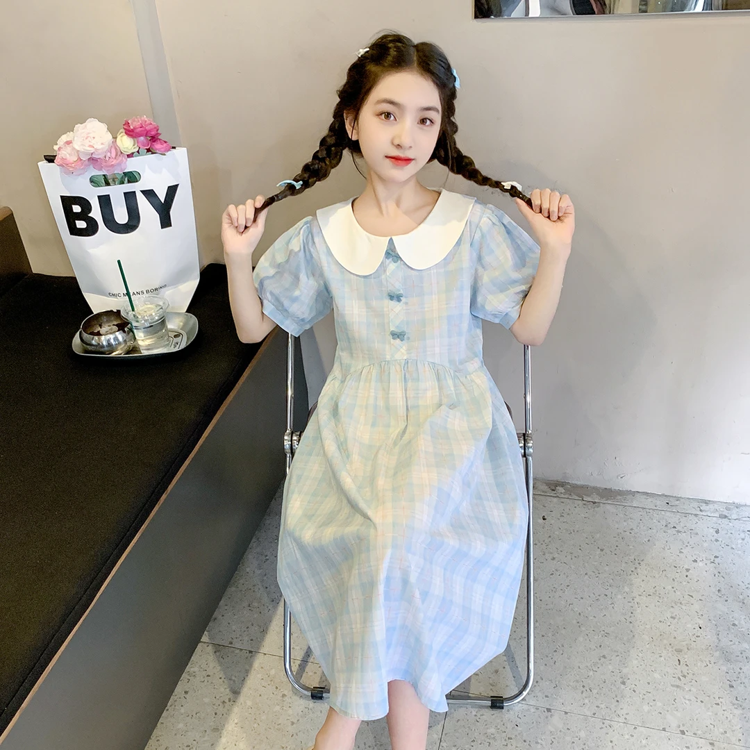 女童连衣裙2024夏季新款儿童夏装公主裙洋气女大童学院风格子裙子