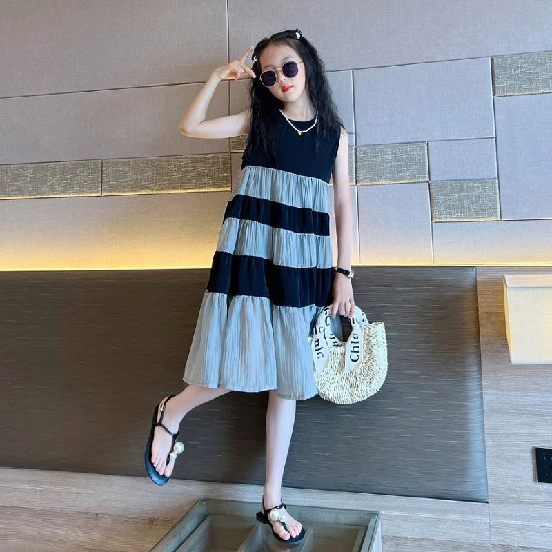 女童背心裙2024夏季新款洋气赫本风条纹中大童韩版拼接连衣裙子潮