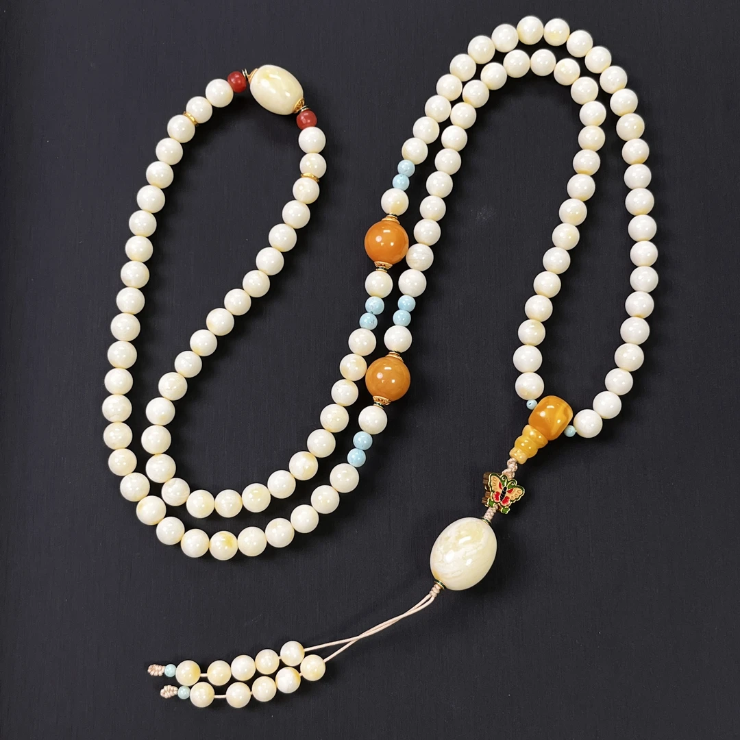 【天香如易】天然琥珀蜜蜡白蜜108颗项链多圈卡7-8左右