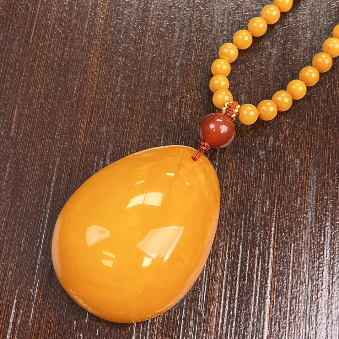 【天香如易】天然琥珀蜜蜡老蜡水滴吊坠+链子