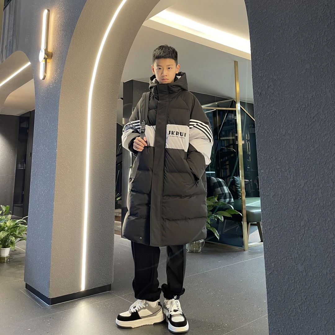 3079【睿睿妈】潮高街时尚字母长款连帽保暖羽绒服中大童亲子外套