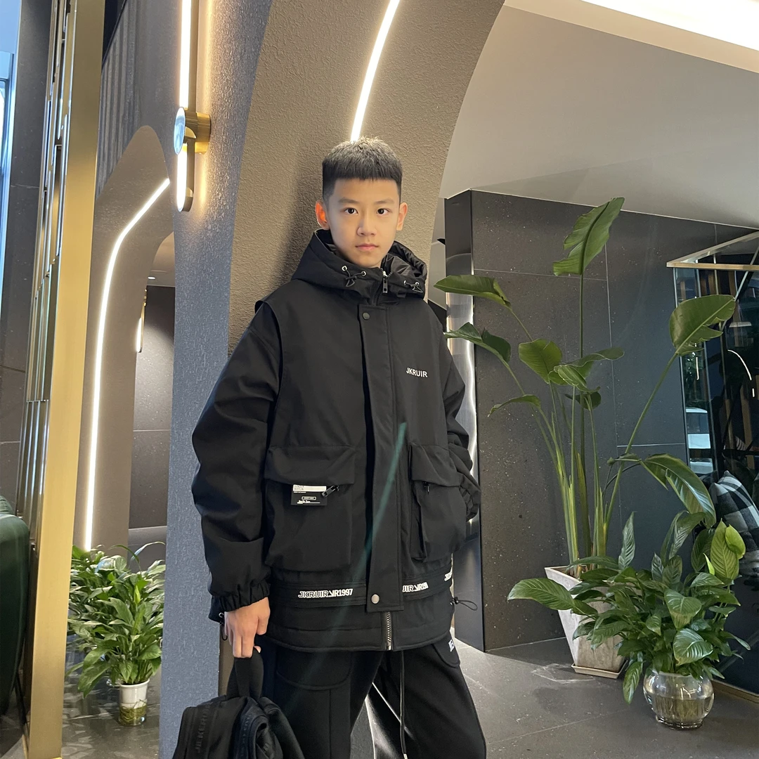 3027【睿睿妈】冬季工装多口袋假两件加厚夹棉棉服中大童亲子外套