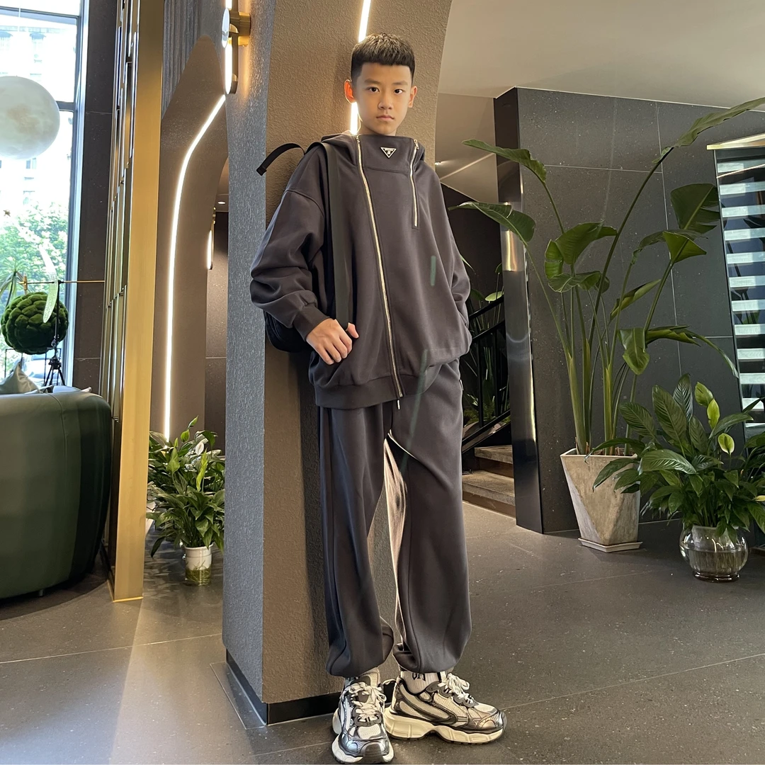 2124潮牌秋季新款连帽拉链中大童长袖套装高级感两件套亲子装