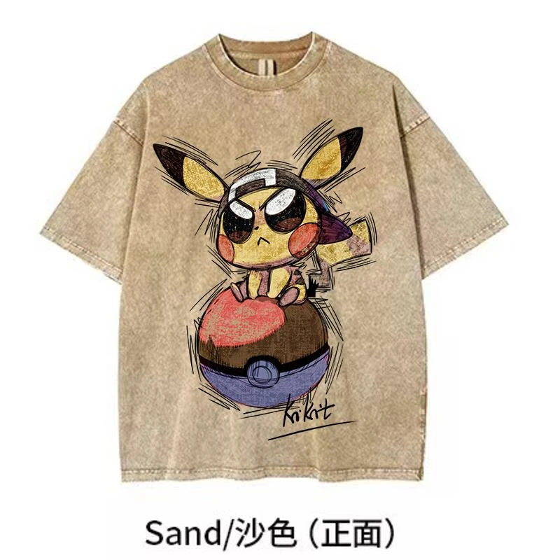 【皮卡丘】}KiKiTee oversize洗水做旧风宽松260纯棉手绘T恤