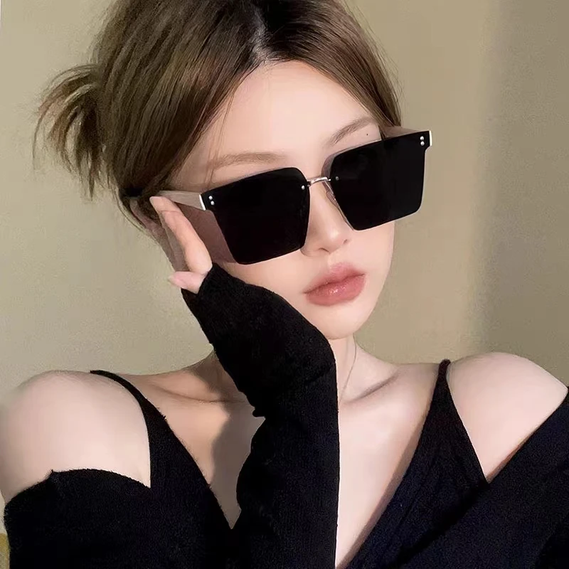 新款无框墨镜女韩版高级感大框圆脸显瘦太阳镜防紫外线防晒眼镜男