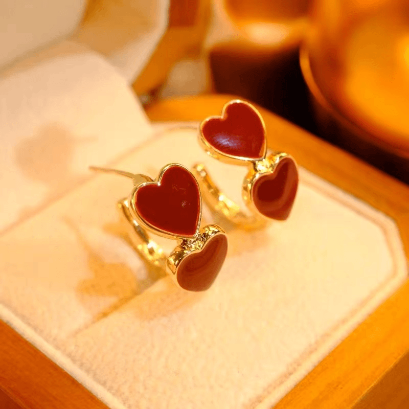 【一单包邮】【343】法酒红色桃心爱心设计感耳饰